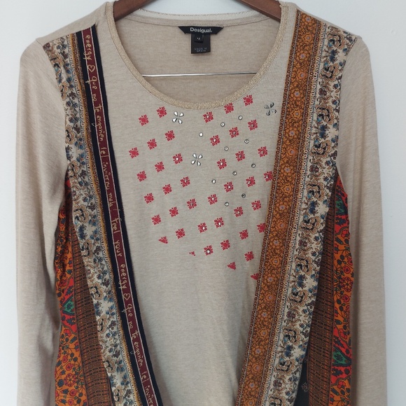 Desigual Tie Front Bejewelled Top Fall Colors! Med - Picture 2 of 6